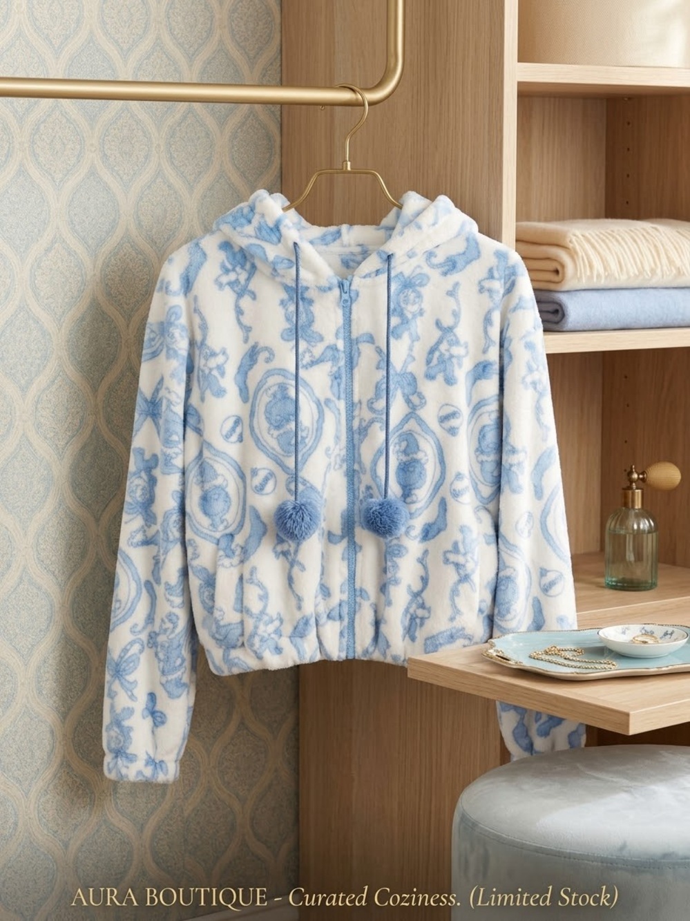 Mura Boutique White & Light Blue Plush Pom-Pom Hoodie Jacket